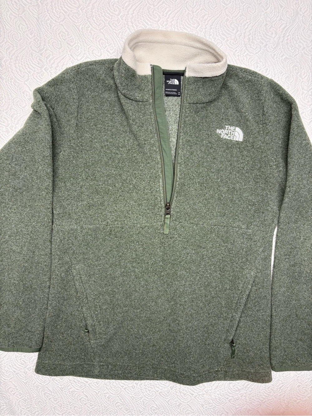 The North Face Men's Olive Green Half-Zip Fleece with Cream Collar